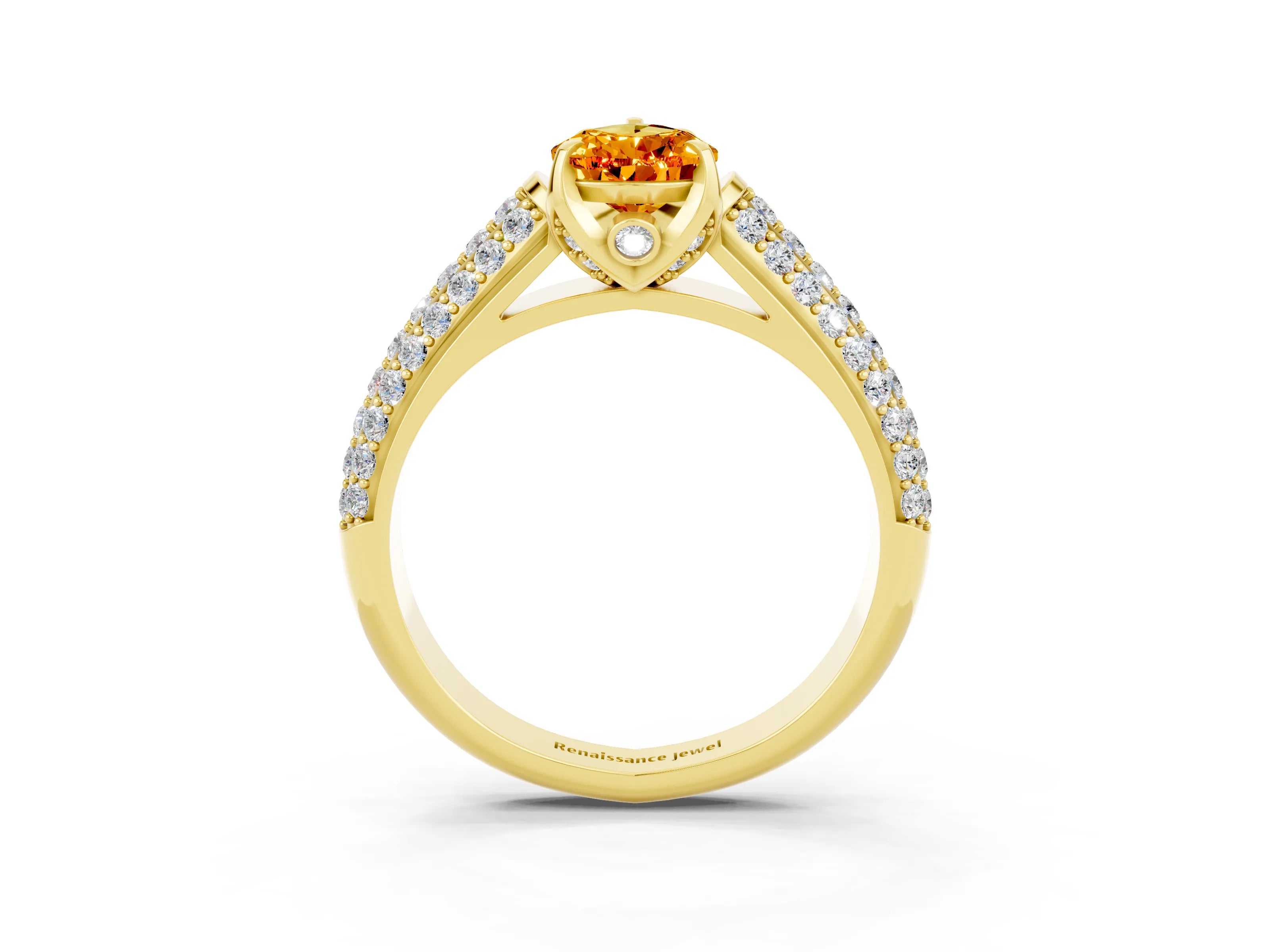 Yellow gold Pear Cut Citrine Solitaire Ring with Three-Row Pavé Band and Four-Prong Setting_15