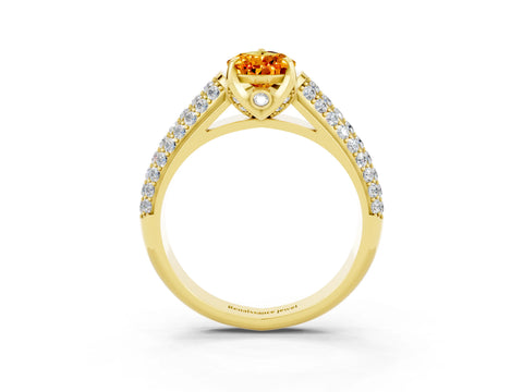 Yellow gold Pear Cut Citrine Solitaire Ring with Three-Row Pavé Band and Four-Prong Setting_15