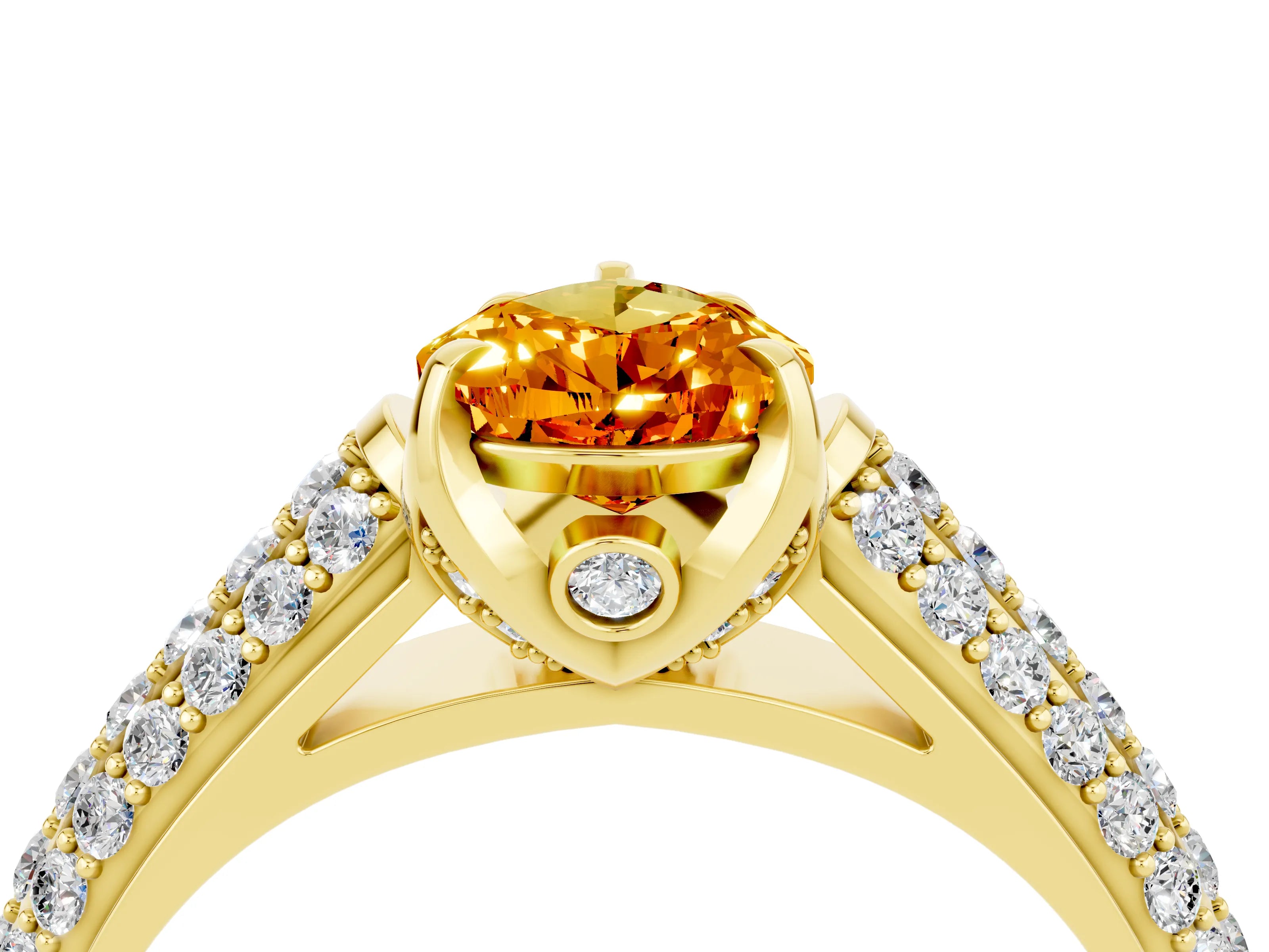 Yellow gold Pear Cut Citrine Solitaire Ring with Three-Row Pavé Band and Four-Prong Setting_16