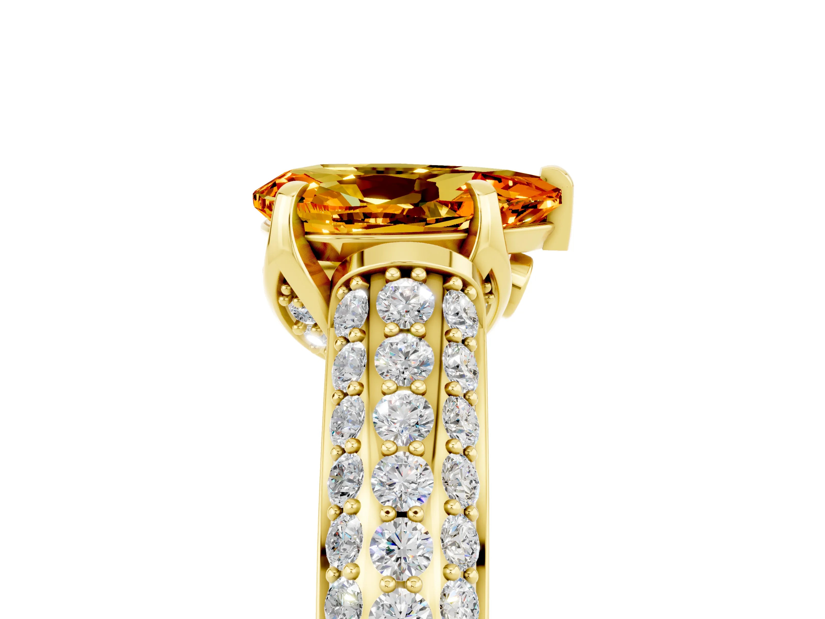 Yellow gold Pear Cut Citrine Solitaire Ring with Three-Row Pavé Band and Four-Prong Setting_17