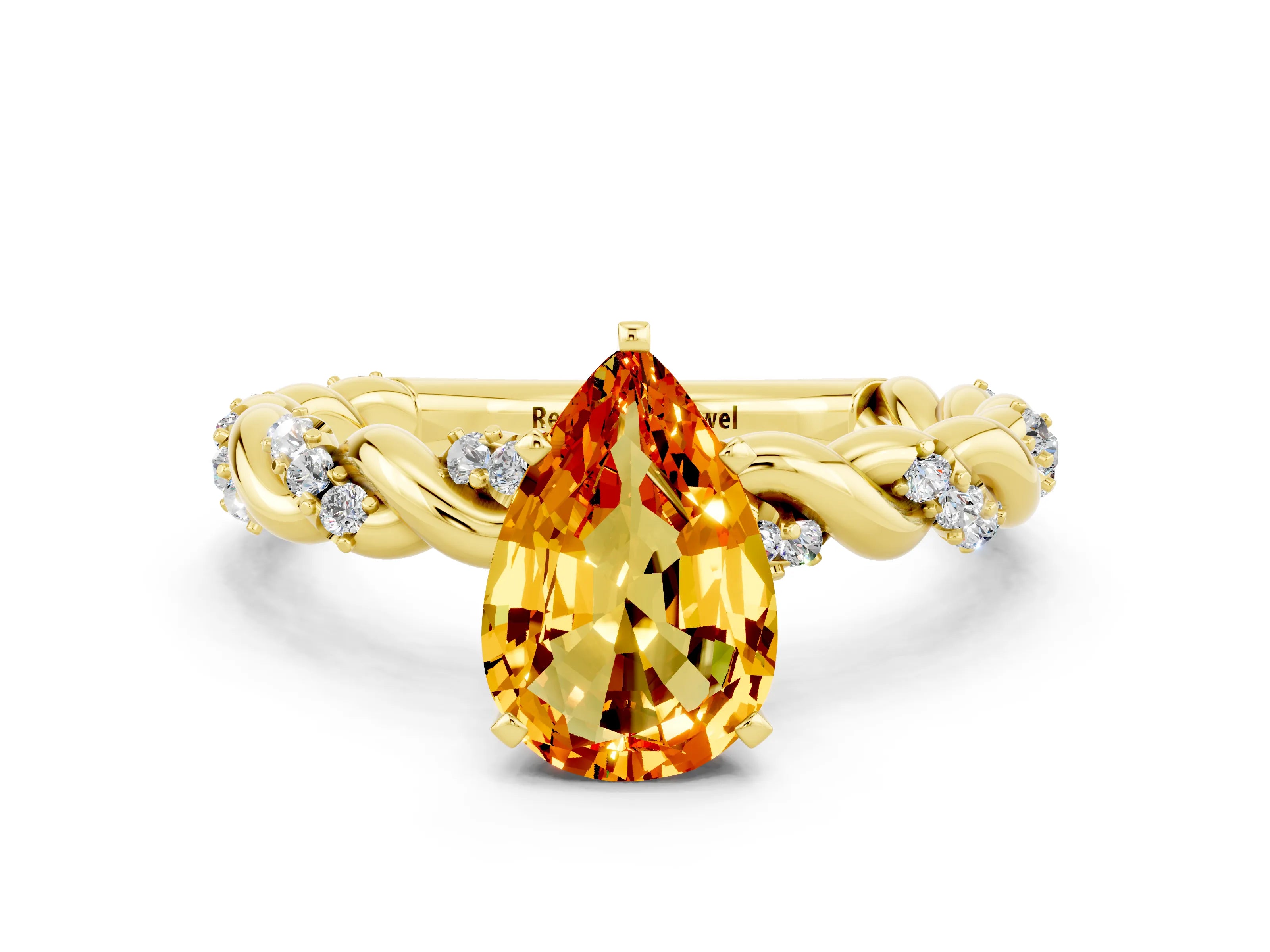 Yellow gold Pear Cut Citrine Solitaire Ring with Twisted Band and Pavé Accents