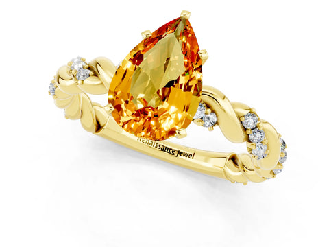 Yellow gold Pear Cut Citrine Solitaire Ring with Twisted Band and Pavé Accents_1