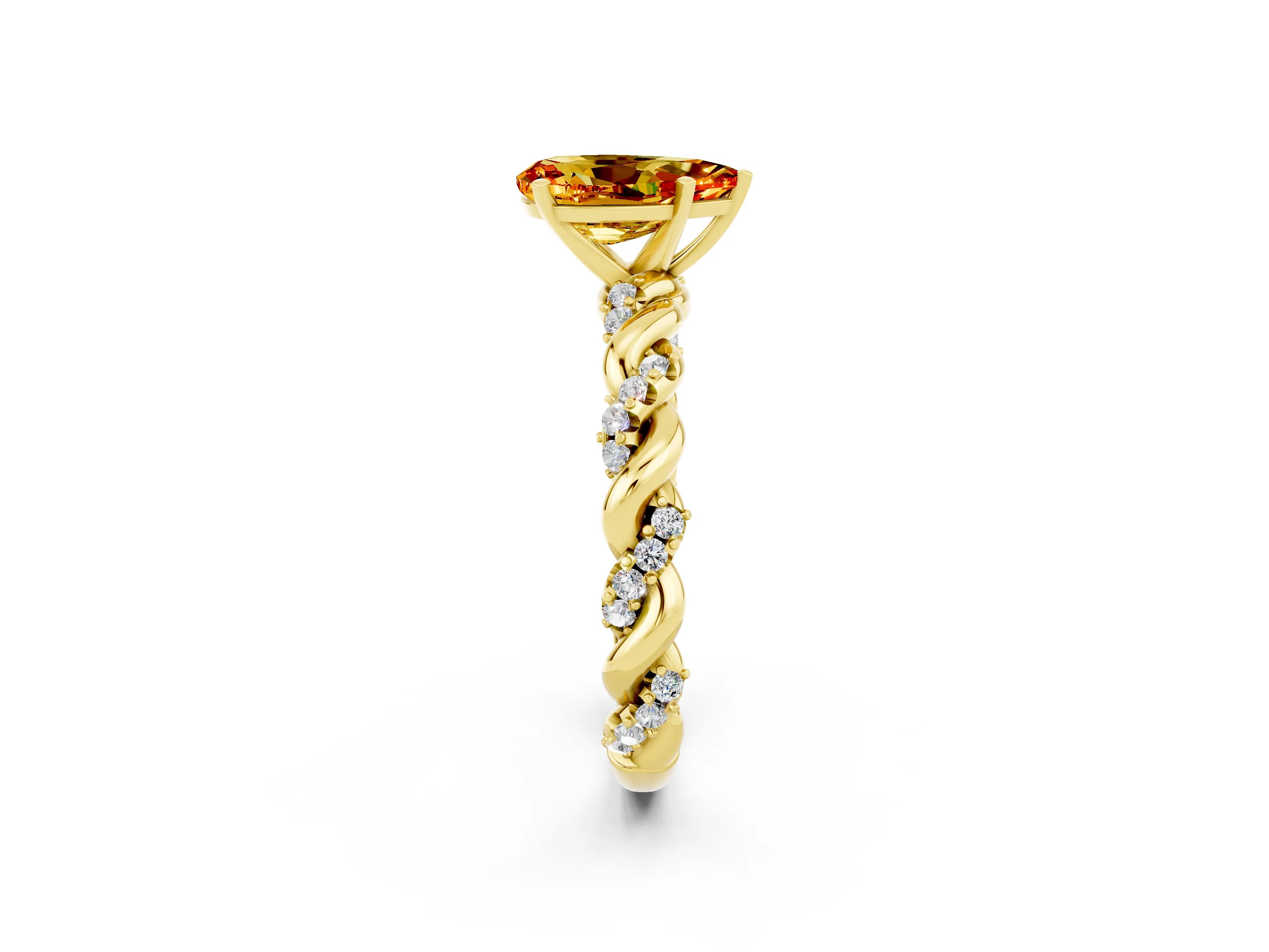 Yellow gold Pear Cut Citrine Solitaire Ring with Twisted Band and Pavé Accents_2