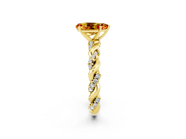 Yellow gold Pear Cut Citrine Solitaire Ring with Twisted Band and Pavé Accents