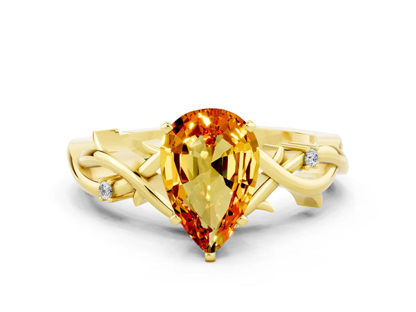 Yellow gold Pear Cut Citrine Solitaire Ring with Twisted Band and Prong Setting