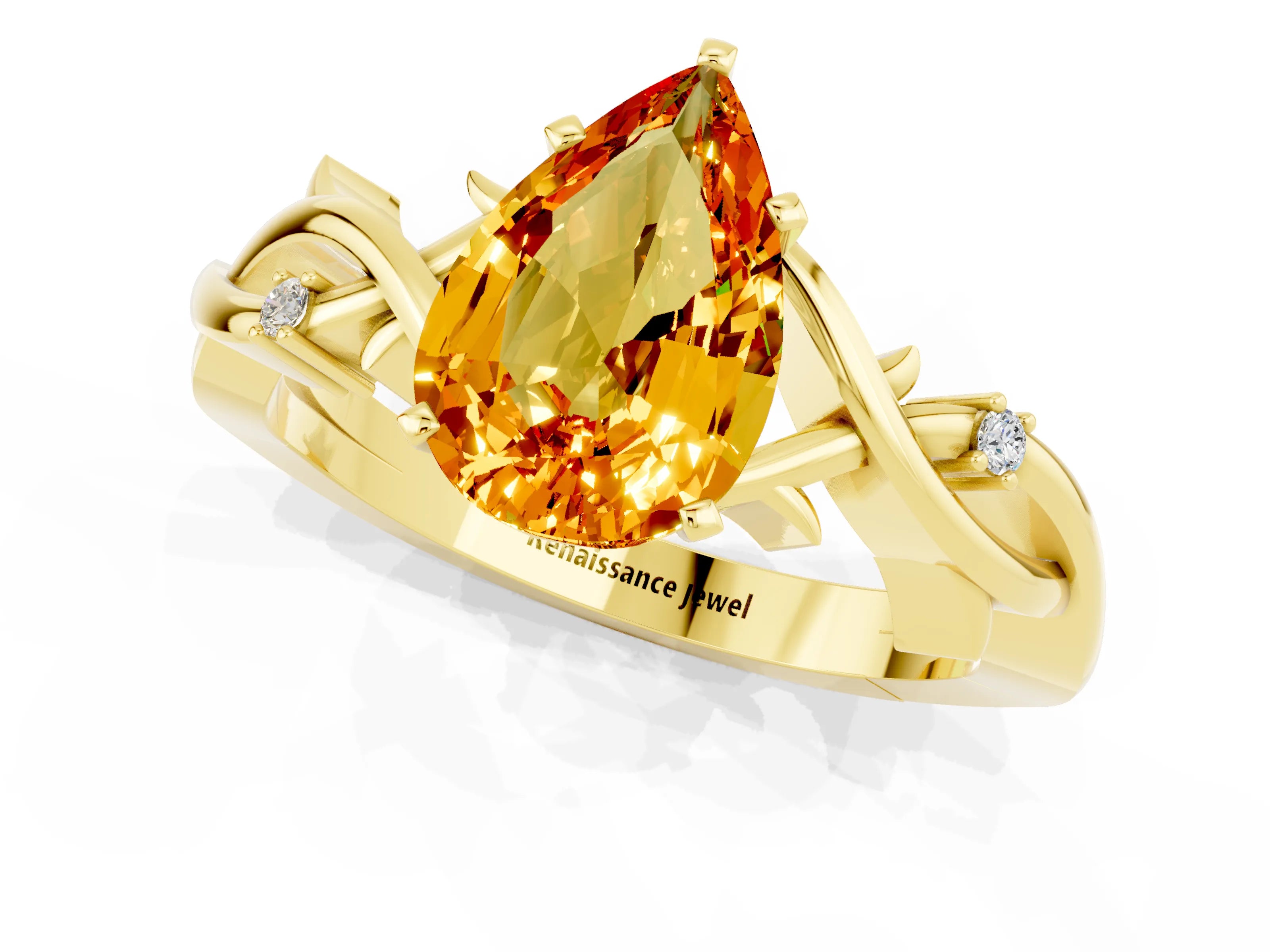 Yellow gold Pear Cut Citrine Solitaire Ring with Twisted Band and Prong Setting_1
