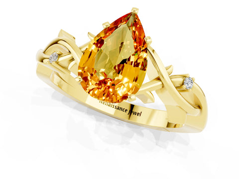 Yellow gold Pear Cut Citrine Solitaire Ring with Twisted Band and Prong Setting_1