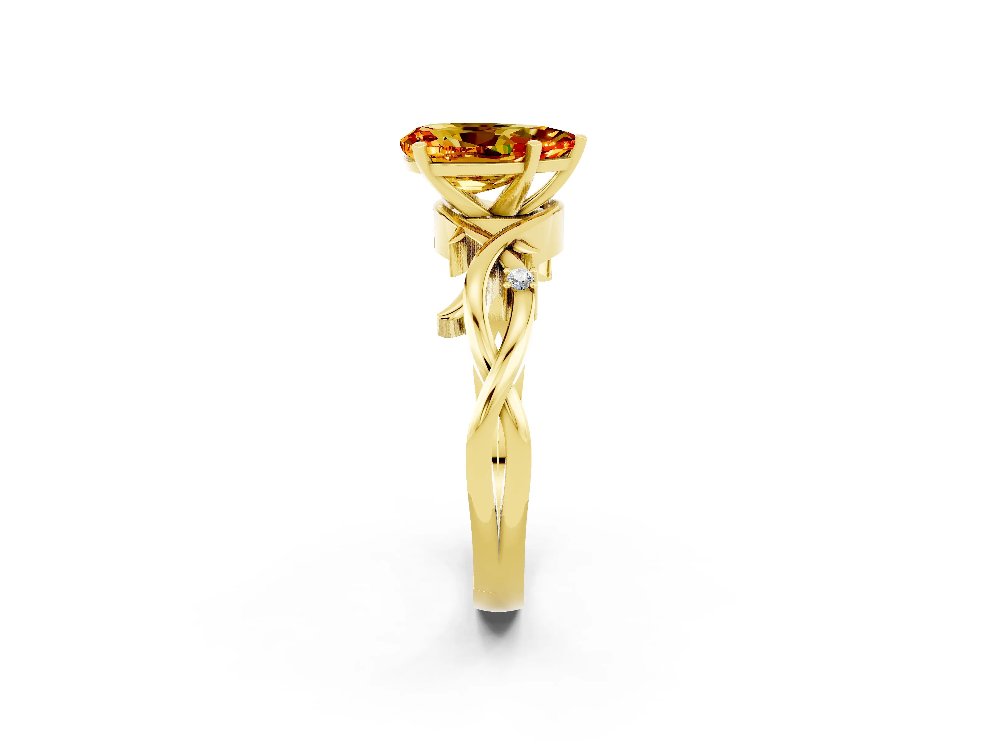 Yellow gold Pear Cut Citrine Solitaire Ring with Twisted Band and Prong Setting_2