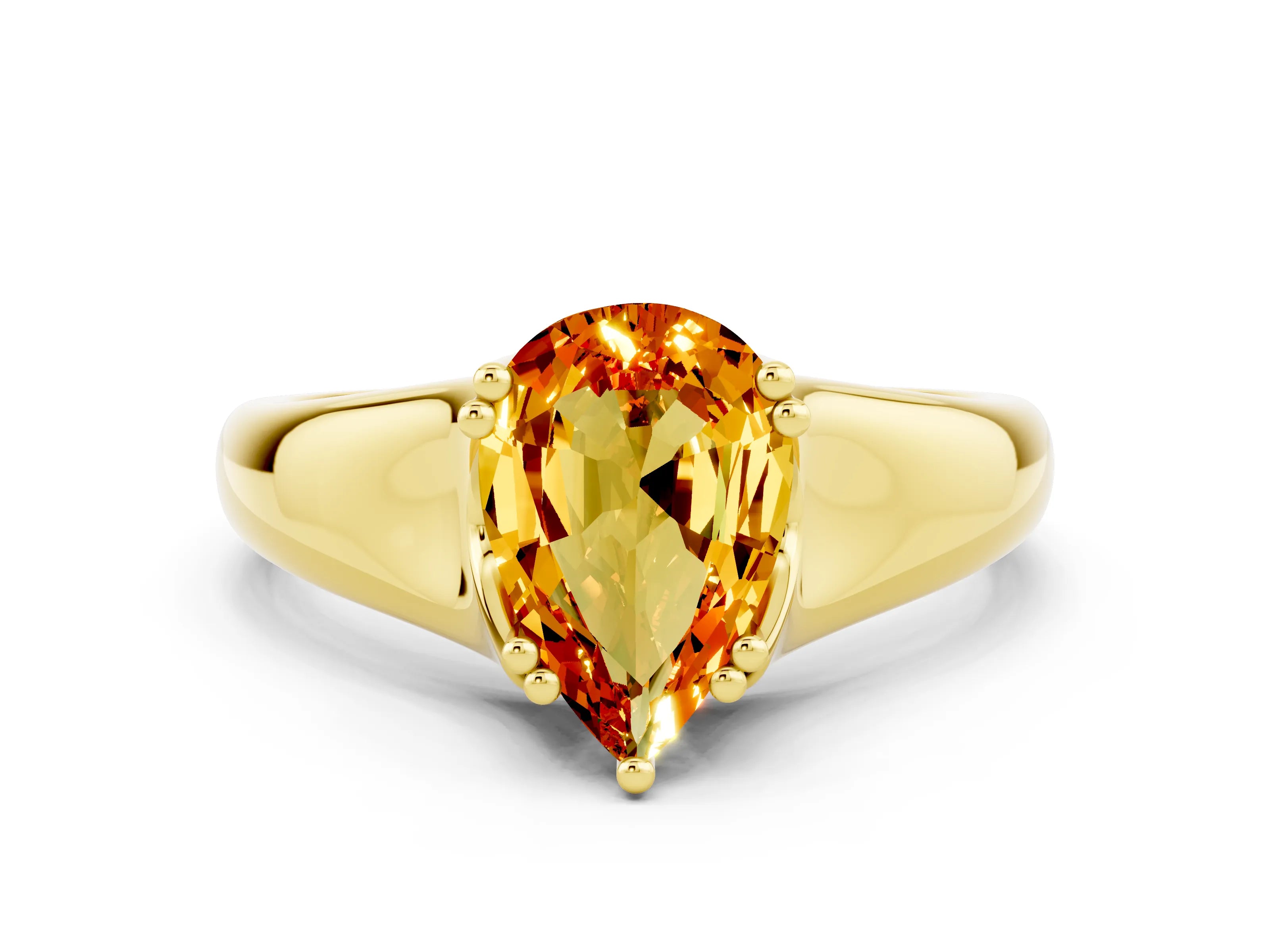 Yellow gold Pear Cut Citrine Solitaire Ring with Wide Band and Prong Setting