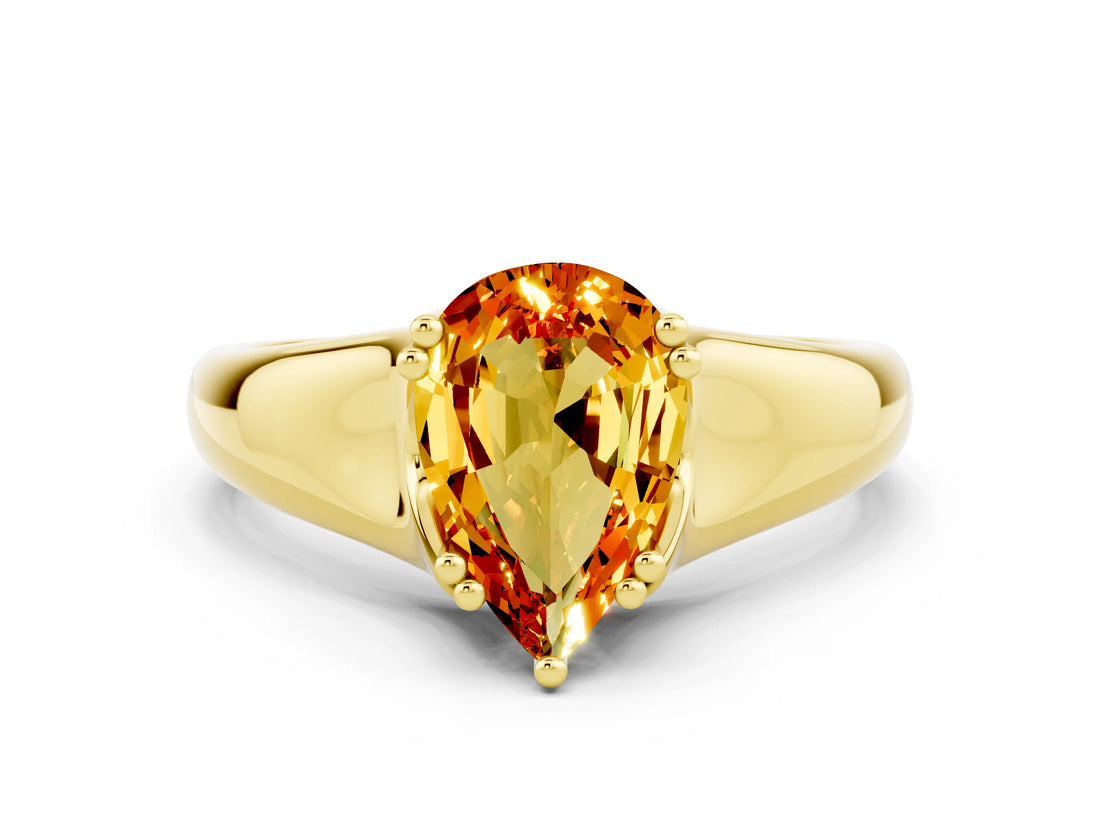 Yellow gold Pear Cut Citrine Solitaire Ring with Wide Band and Prong Setting