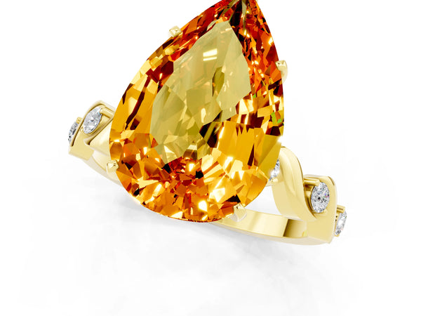 Yellow gold Pear Cut Citrine Solitaire Twisted Band with Round  Accents and Prong Setting