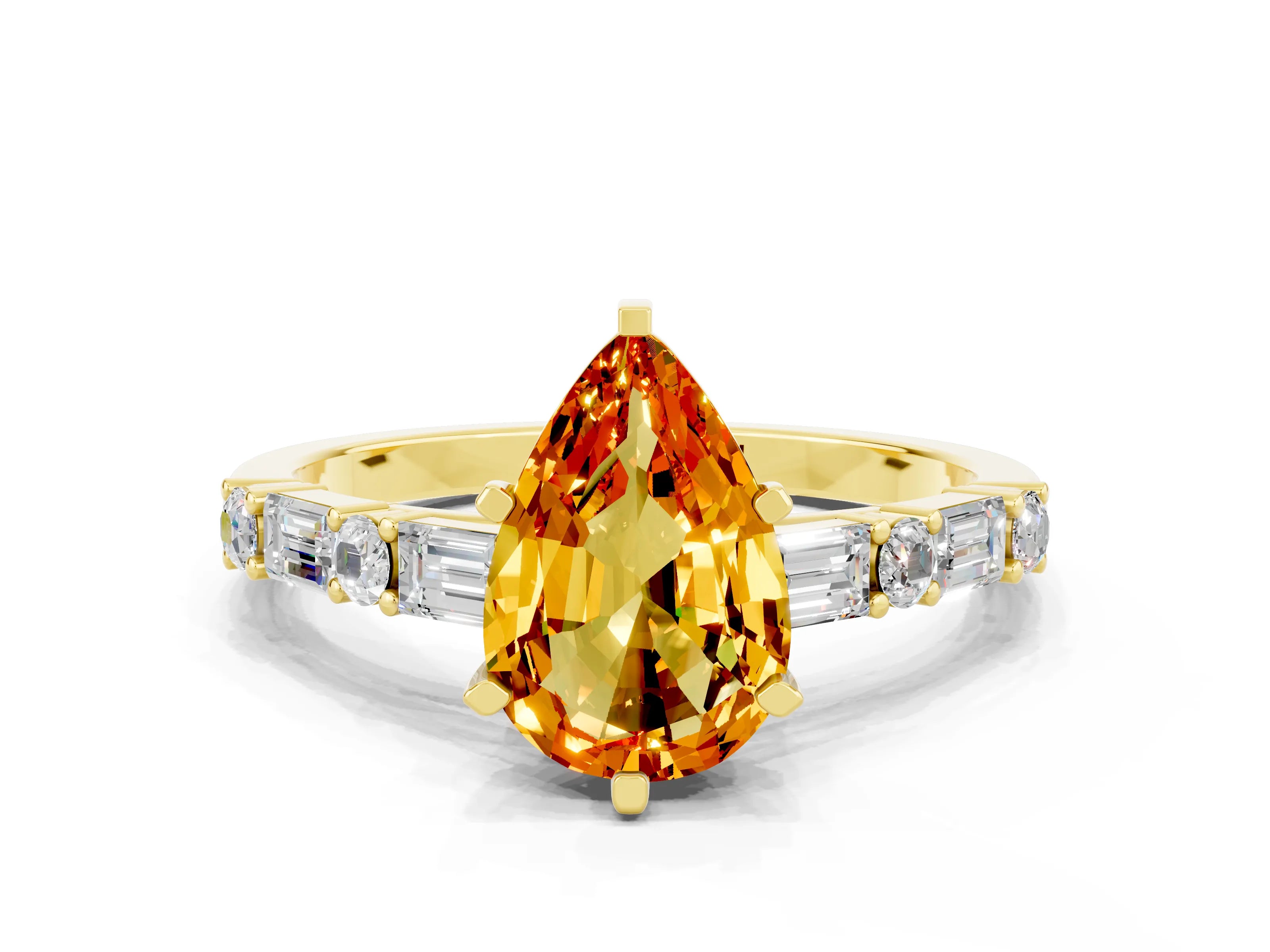 Yellow gold Pear Cut Citrine Solitaire with Side Baguettes and Channel Set Band