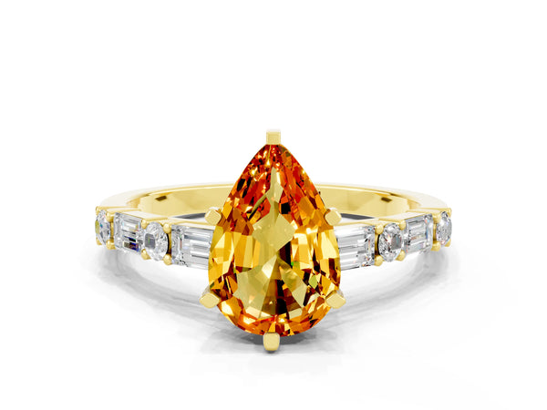 Yellow gold Pear Cut Citrine Solitaire with Side Baguettes and Channel Set Band