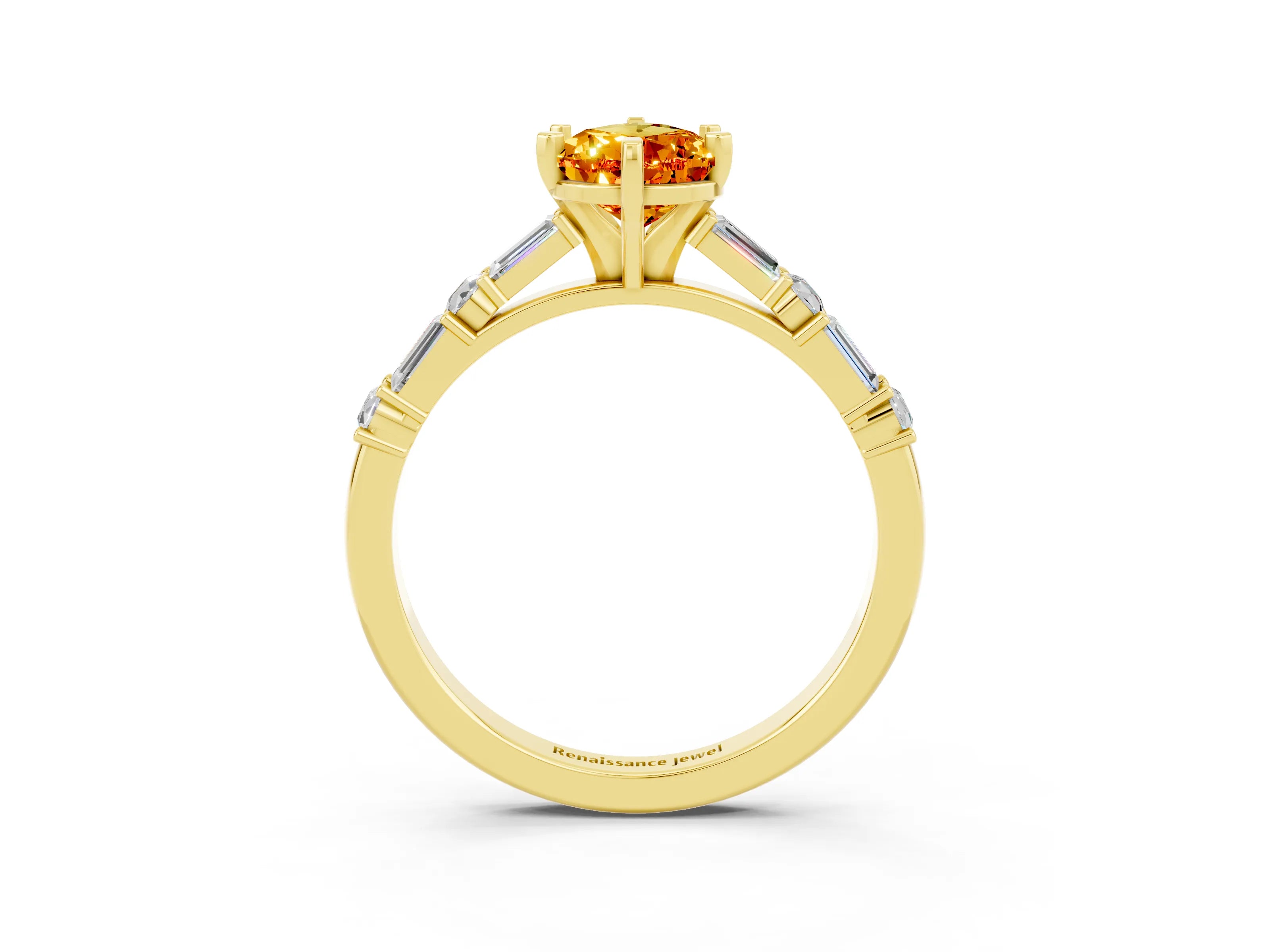 Yellow gold Pear Cut Citrine Solitaire with Side Baguettes and Channel Set Band_3