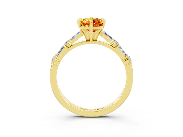 Yellow gold Pear Cut Citrine Solitaire with Side Baguettes and Channel Set Band