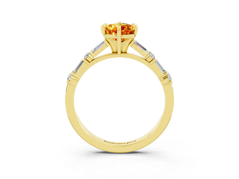 Yellow gold Pear Cut Citrine Solitaire with Side Baguettes and Channel Set Band_3