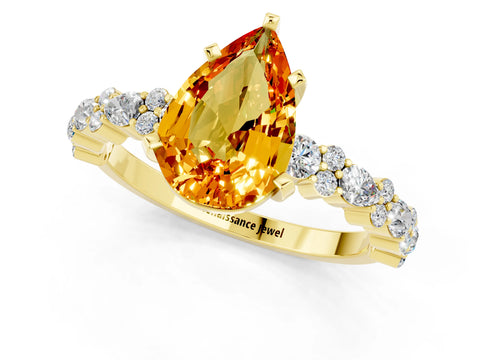 Yellow gold Pear Cut Citrine Solitaire with Side Stones, Pave Band, Four-Prong Setting_37