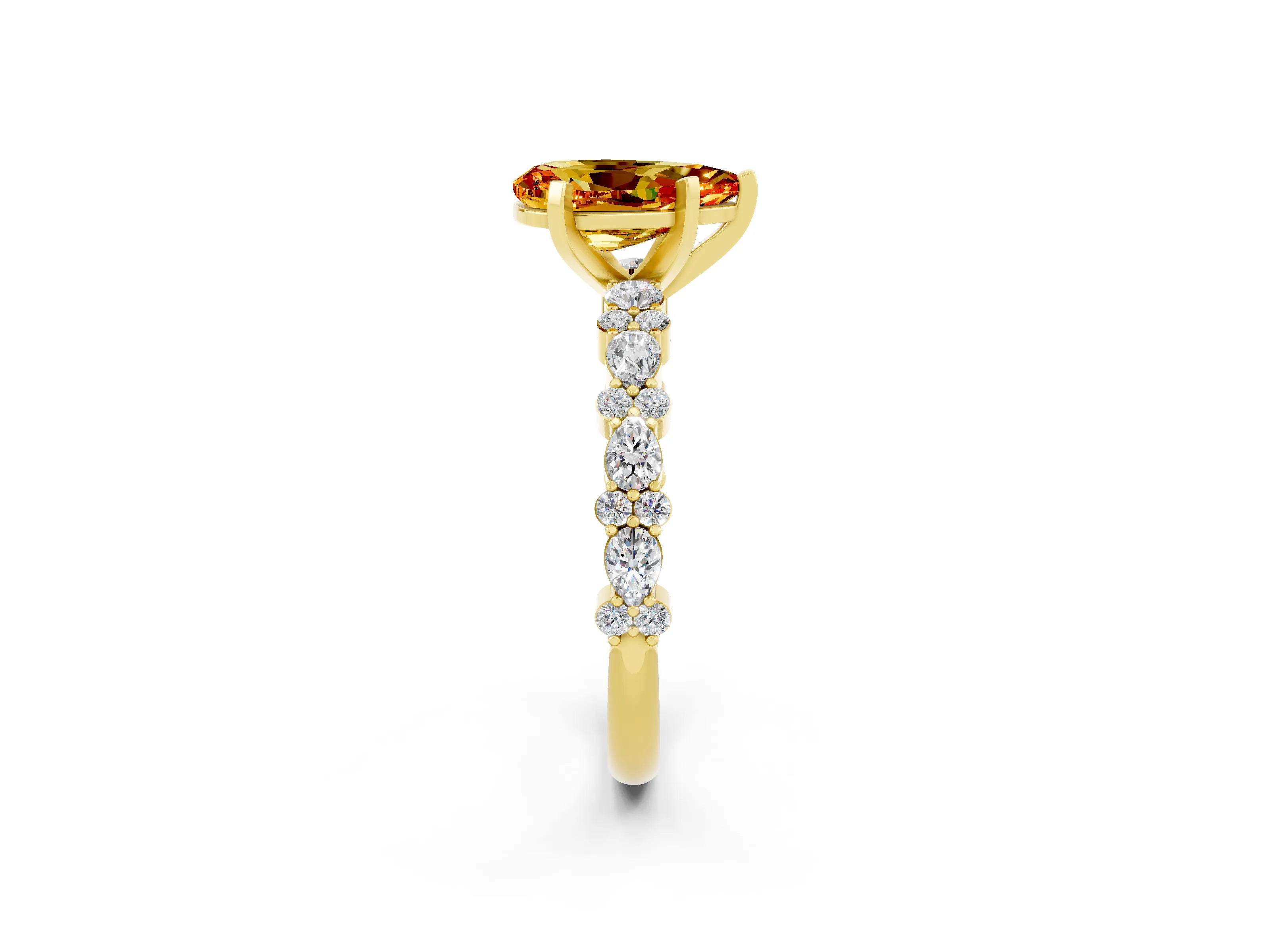 Yellow gold Pear Cut Citrine Solitaire with Side Stones, Pave Band, Four-Prong Setting_38
