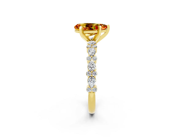 Yellow gold Pear Cut Citrine Side Stone Solitaire Ring with Round  and Four-Prong Setting