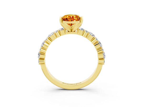 Yellow gold Pear Cut Citrine Side Stone Solitaire Ring with Round  and Four-Prong Setting