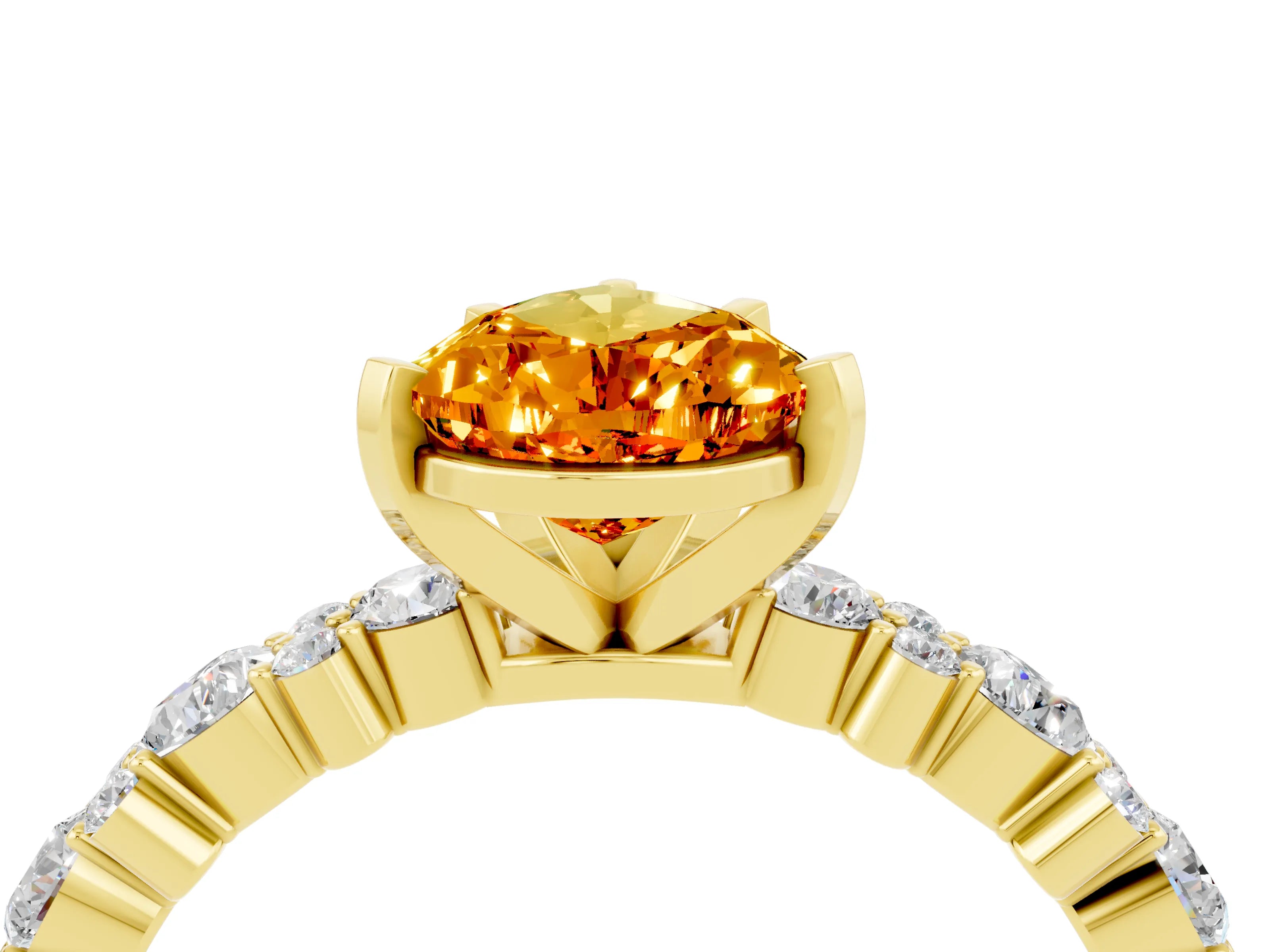Yellow gold Pear Cut Citrine Solitaire with Side Stones, Pave Band, Four-Prong Setting_40