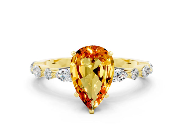 Yellow gold Pear Cut Citrine Ring with Marquise and Round  Side Stones and Four-Prong Setting
