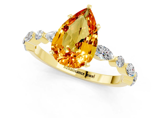 Yellow gold Pear Cut Citrine Ring with Marquise and Round  Side Stones and Four-Prong Setting