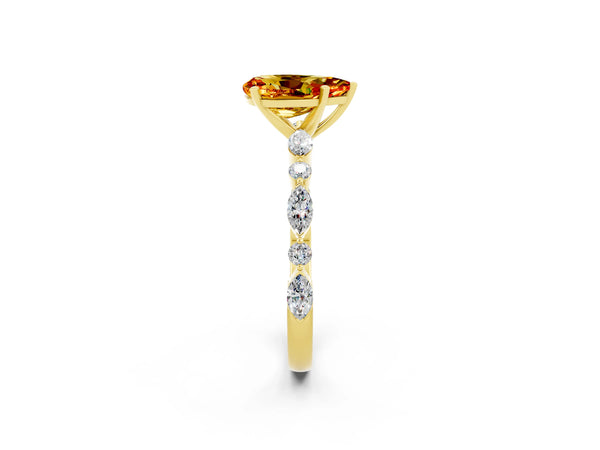 Yellow gold Pear Cut Citrine Ring with Marquise and Round  Side Stones and Four-Prong Setting