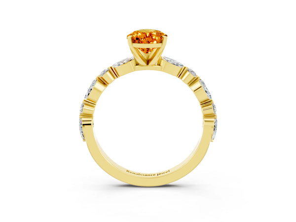 Yellow gold Pear Cut Citrine Ring with Marquise and Round  Side Stones and Four-Prong Setting