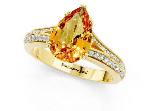 Yellow gold Pear Cut Citrine Split Shank Engagement Ring with Pavé Band_1