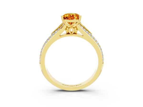 Yellow gold Pear Cut Citrine Split Shank Engagement Ring with Pavé Band