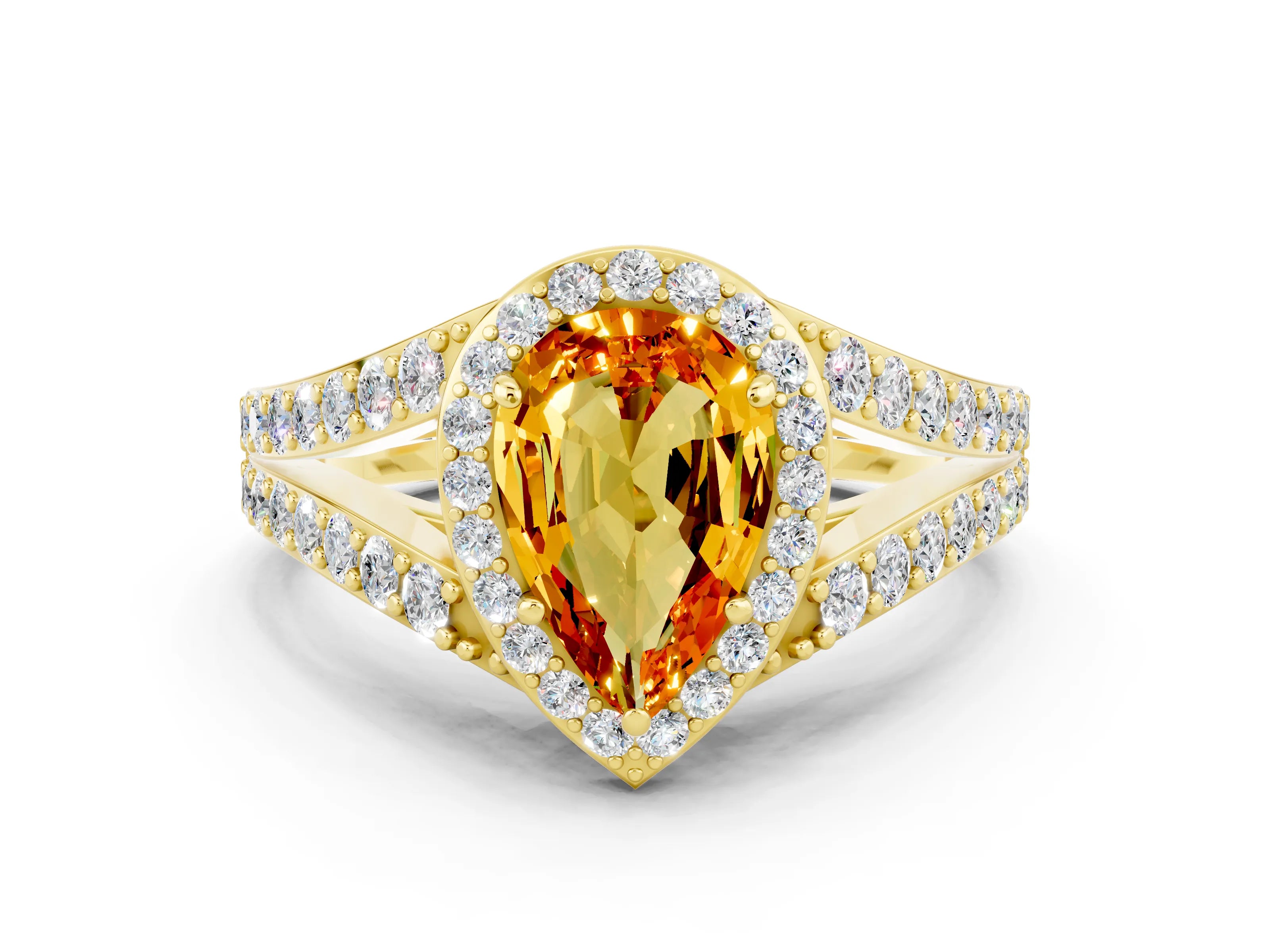 Yellow gold Pear Cut Citrine Split Shank Halo Ring with Four-Prong Setting_12