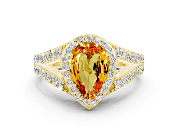 Yellow gold Pear Cut Citrine Split Shank Halo Ring with Four-Prong Setting