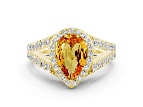 Yellow gold Pear Cut Citrine Split Shank Halo Ring with Four-Prong Setting_12