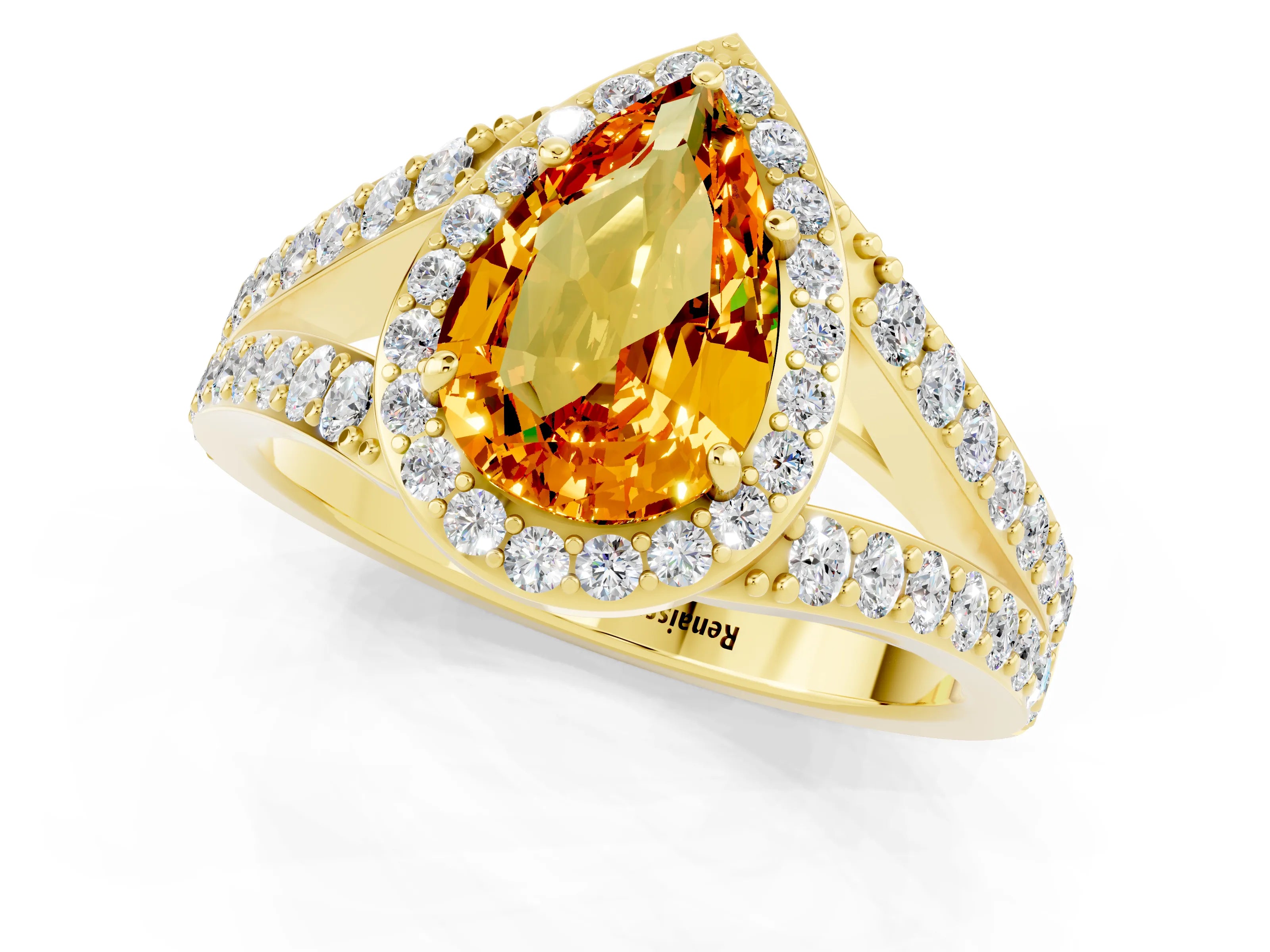 Yellow gold Pear Cut Citrine Split Shank Halo Ring with Four-Prong Setting_13