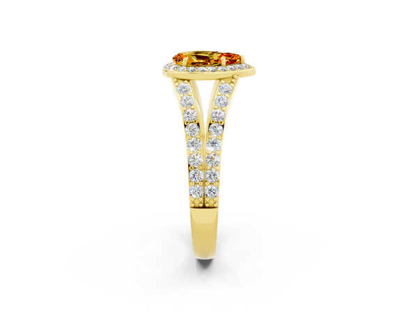 Yellow gold Pear Cut Citrine Split Shank Halo Ring with Four-Prong Setting