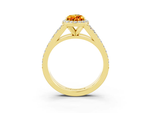 Yellow gold Pear Cut Citrine Split Shank Halo Ring with Four-Prong Setting