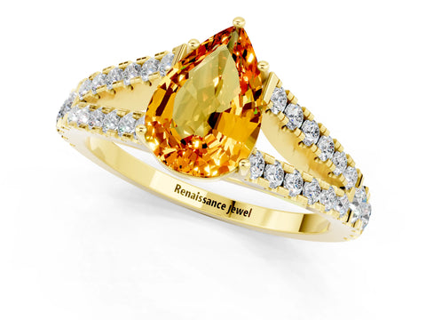 Yellow gold Pear Cut Citrine Split Shank Pavé Engagement Ring with Four-Prong Setting_13