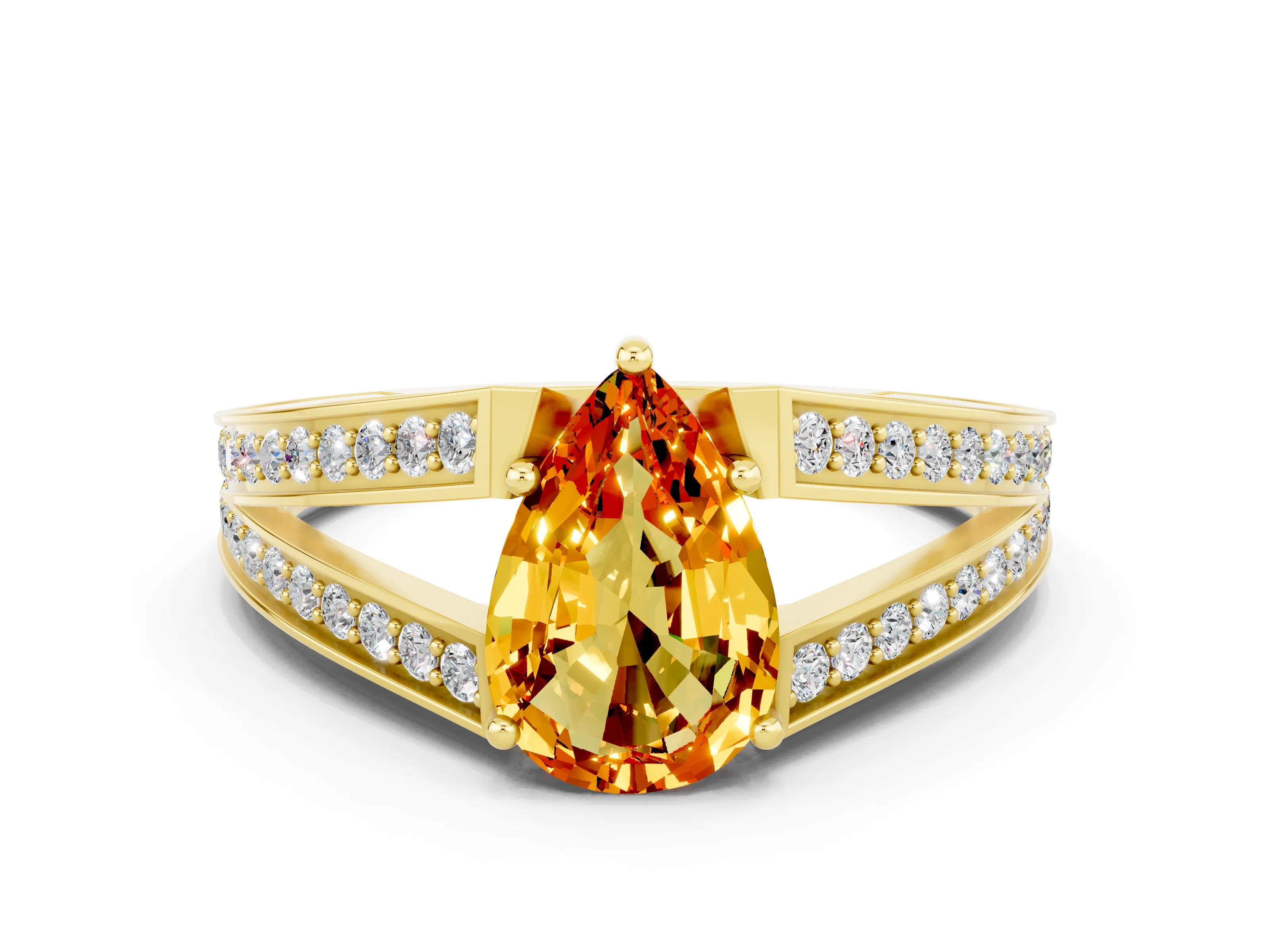 Yellow gold Pear Cut Citrine Split Shank Ring with Pavé Band and Four-Prong Setting