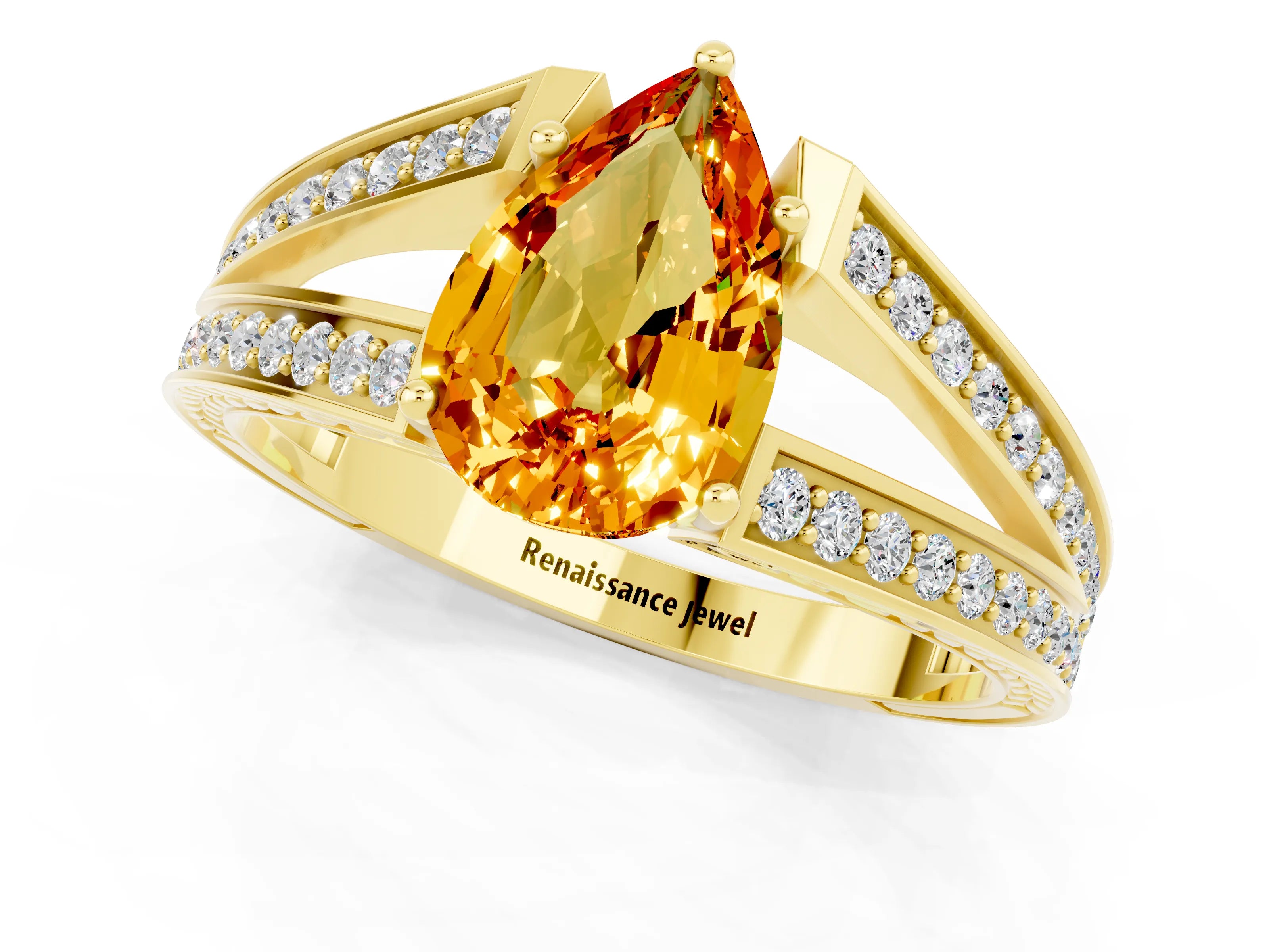 Yellow gold Pear Cut Citrine Split Shank Ring with Pavé Band and Four-Prong Setting_1