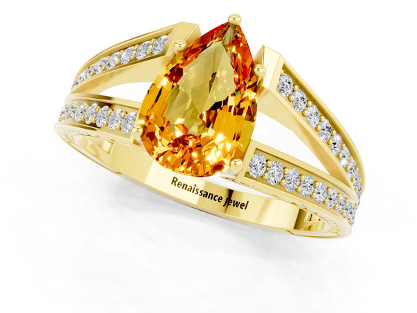 Yellow gold Pear Cut Citrine Split Shank Ring with Pavé Band and Four-Prong Setting