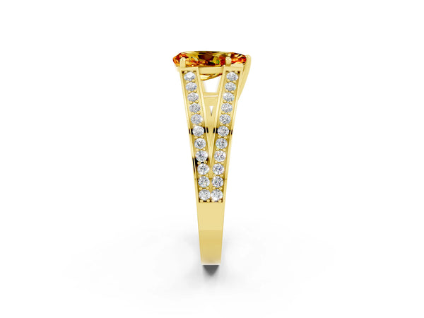 Yellow gold Pear Cut Citrine Split Shank Ring with Pavé Band and Four-Prong Setting