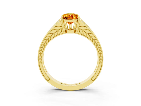 Yellow gold Pear Cut Citrine Split Shank Ring with Pavé Band and Four-Prong Setting