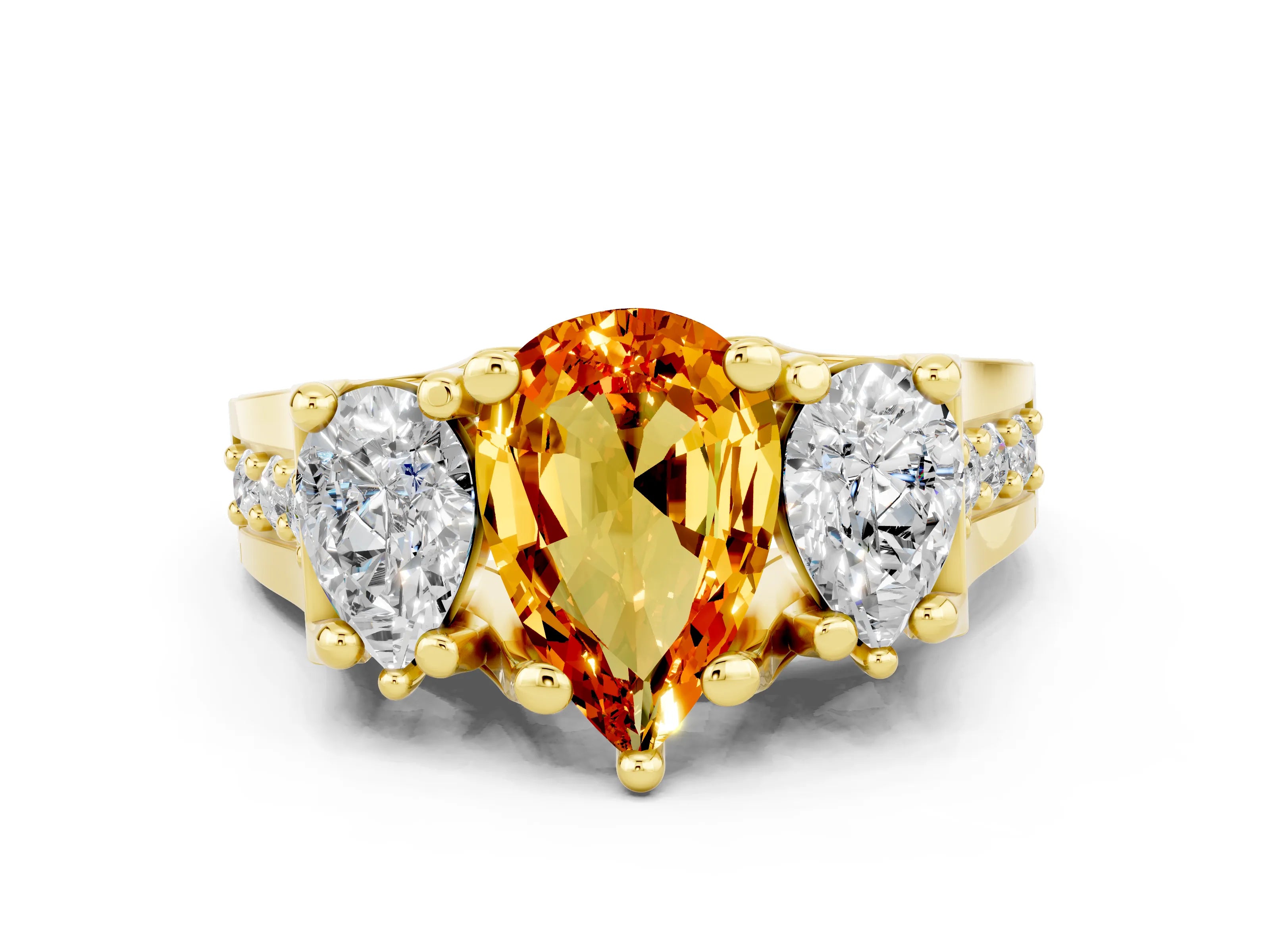Yellow gold Pear Cut Citrine Three-Stone Ring with Channel Set Band and Four-Prong Setting