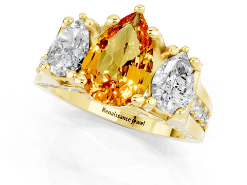 Yellow gold Pear Cut Citrine Three-Stone Ring with Channel Set Band and Four-Prong Setting_1