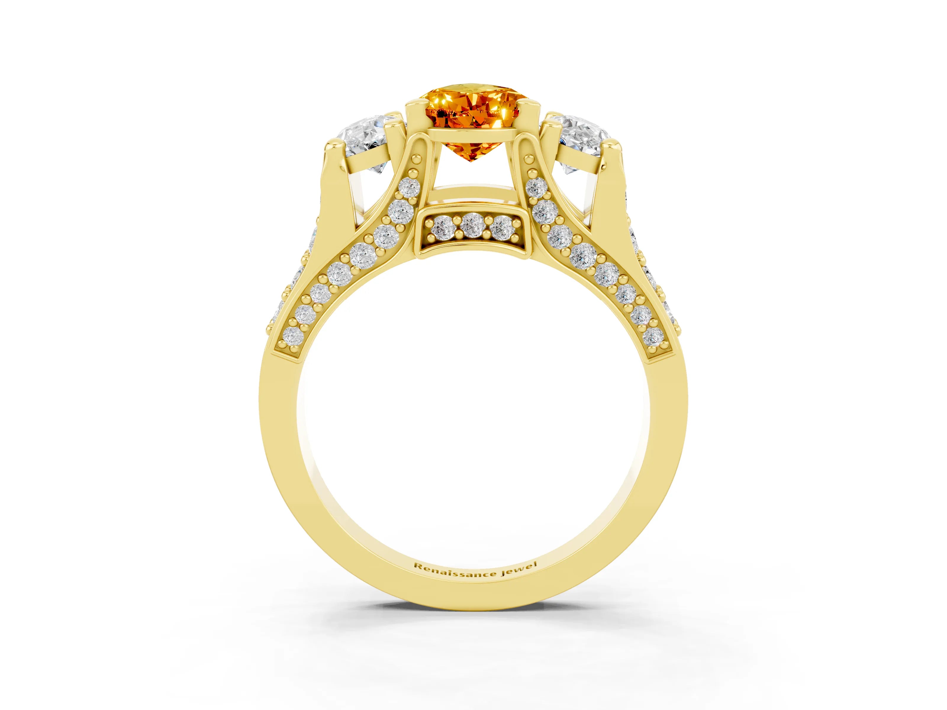 Yellow gold Pear Cut Citrine Three-Stone Ring with Channel Set Band and Four-Prong Setting_3
