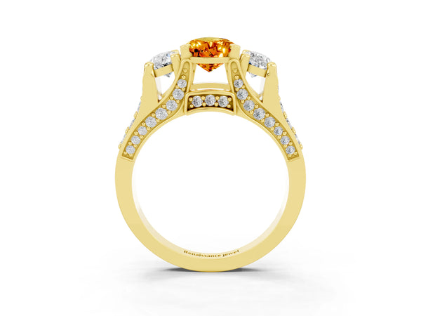 Yellow gold Pear Cut Citrine Three-Stone Ring with Channel Set Band and Four-Prong Setting