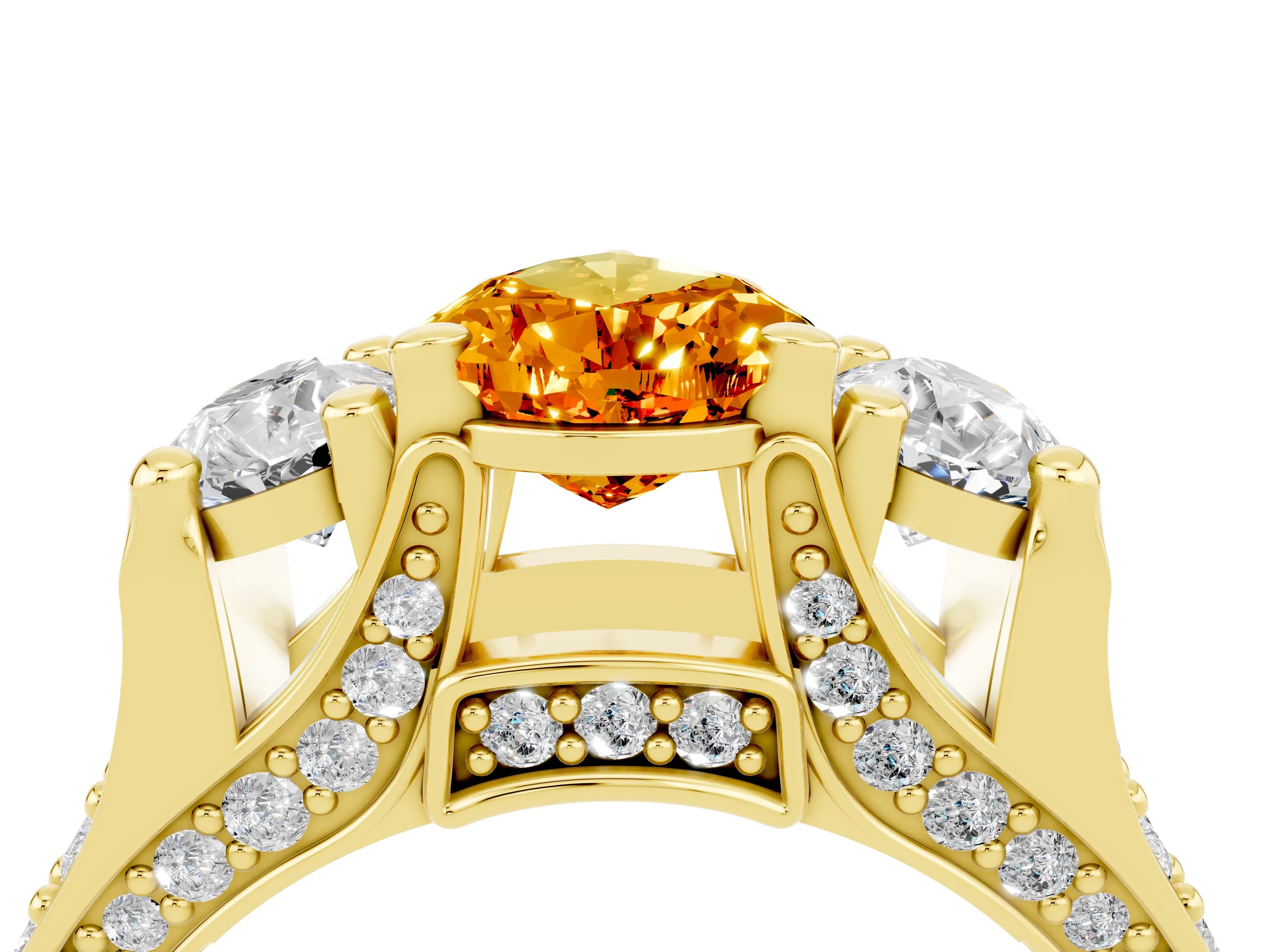 Yellow gold Pear Cut Citrine Three-Stone Ring with Channel Set Band and Four-Prong Setting_4