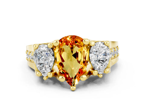 Yellow gold Pear Cut Citrine Three-Stone Ring with Channel Set Band and Four-Prong Setting