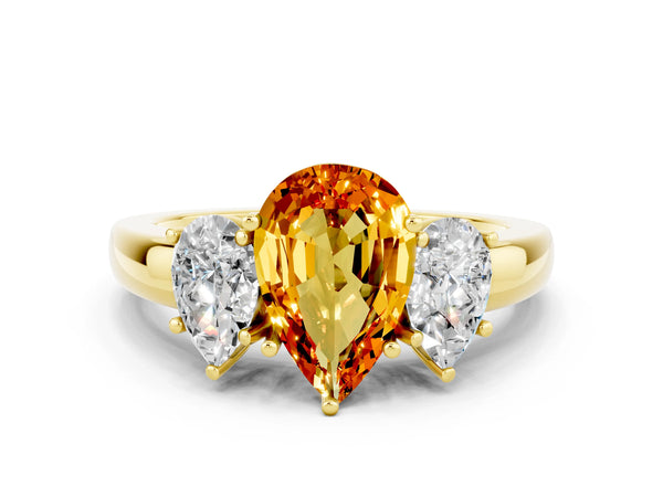 Yellow gold Pear Cut Citrine Three-Stone Ring with Four-Prong Setting and Classic Band